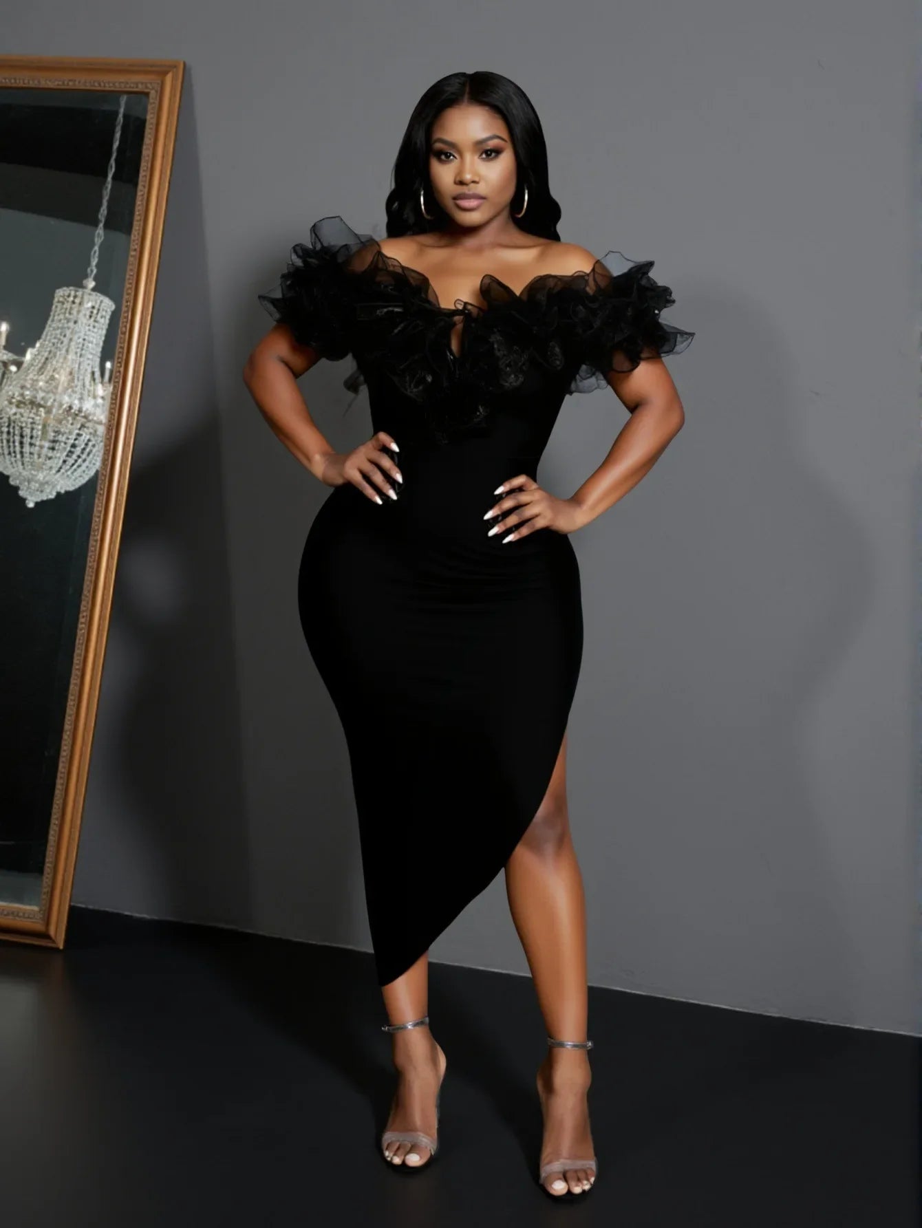 Women Slash Neck Ruffles Bodycon Bandage Mid-calf Dress Celebrate Nightclub Party Birthday Outfit Wholesale