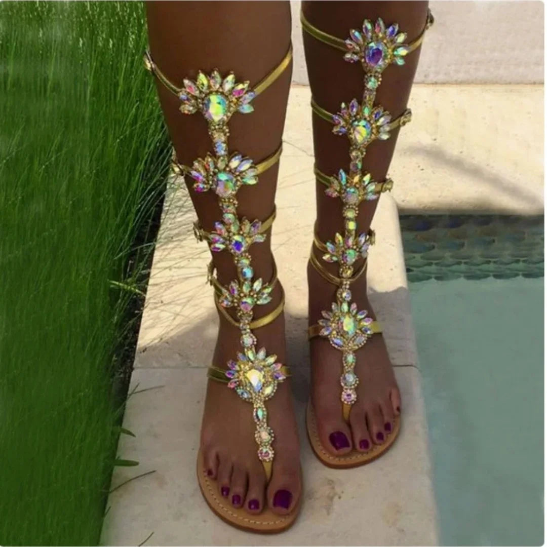 Flower Rhinestones Sandals Open Toe Flip Flops Gladiator Roman Women Bohemian Style Vacation Shoes Zapatos De Mujer Tacones