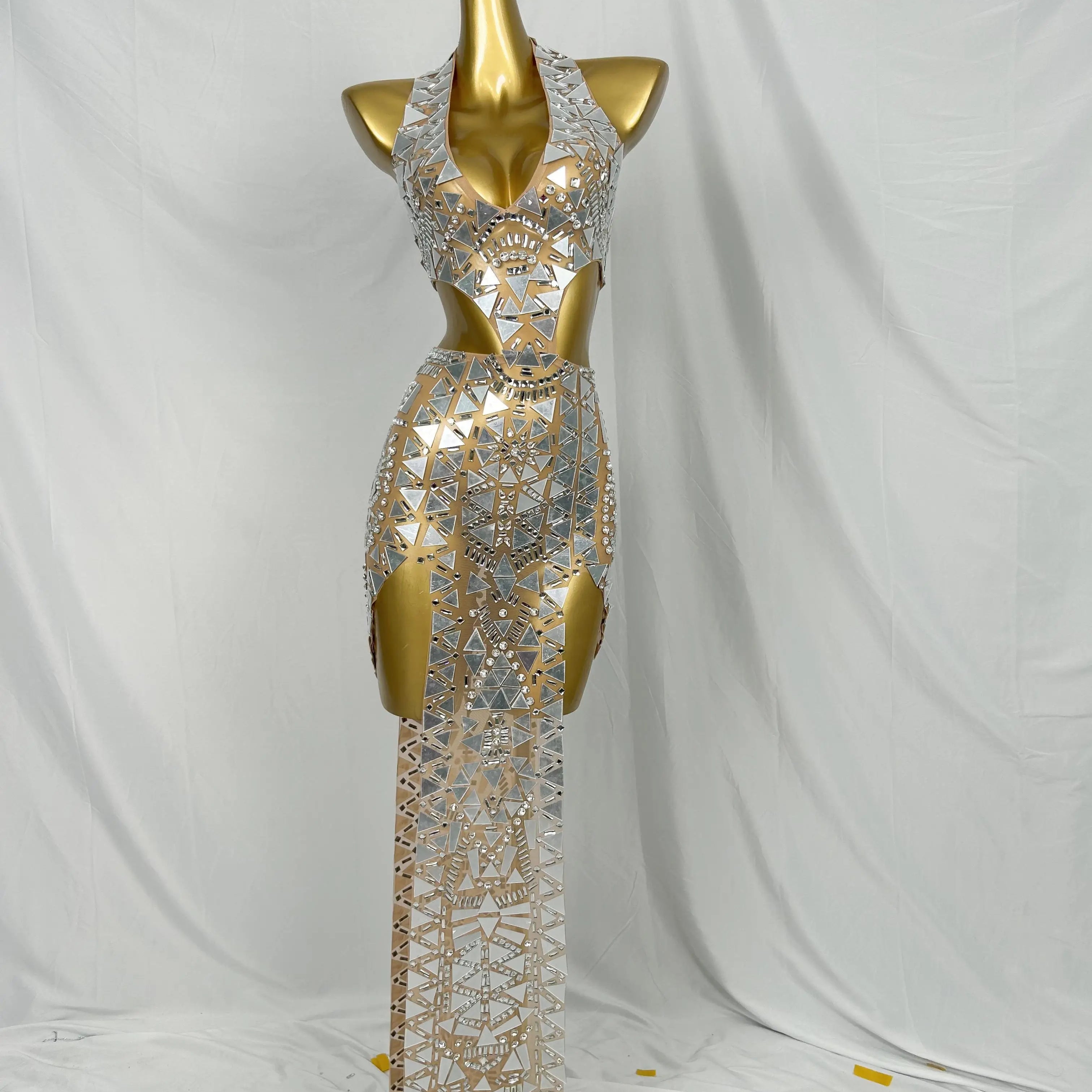 Flashing Mirror Silver  Asymmetrical Long Dress Prom Celebrity Evening Party Birthday Gown Female Singer Stage Show Wear Baiwei