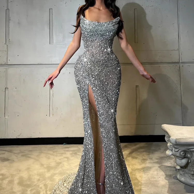 Women Sexy Strapless Backless Mesh Sequins Maxi Long Silver Bodycon Dress 2024 Elegant Party Evening Stage Performance Vestido