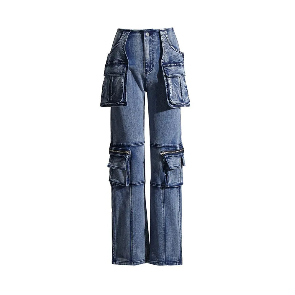 Denim Vintage Two Piece Sets For Women Strapless Sleeveless Tops High Waist Spliced Pockets Pant Casual Set Female