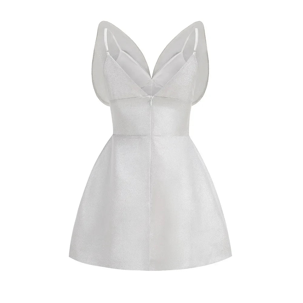 White Color Women Sleeveless Sexy V-Neck A-Line Mini Dress Fashion Birthday Party Celebrate Girls' Vacation Outfit