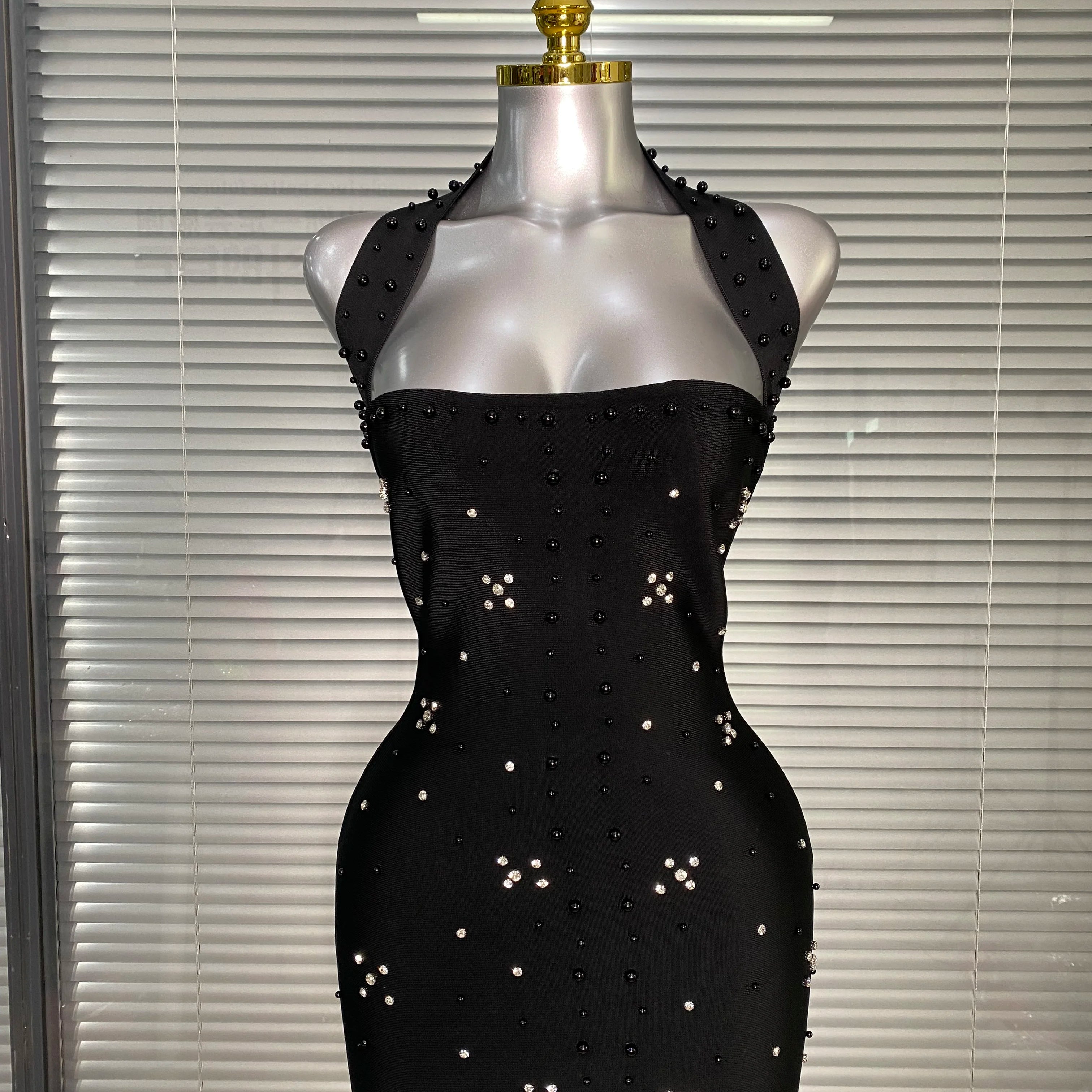 Summer New 2025 Women Black Halter Long Bodycon Bandage Dress Crystal Beaded Backless Evening Party Dress Vestido