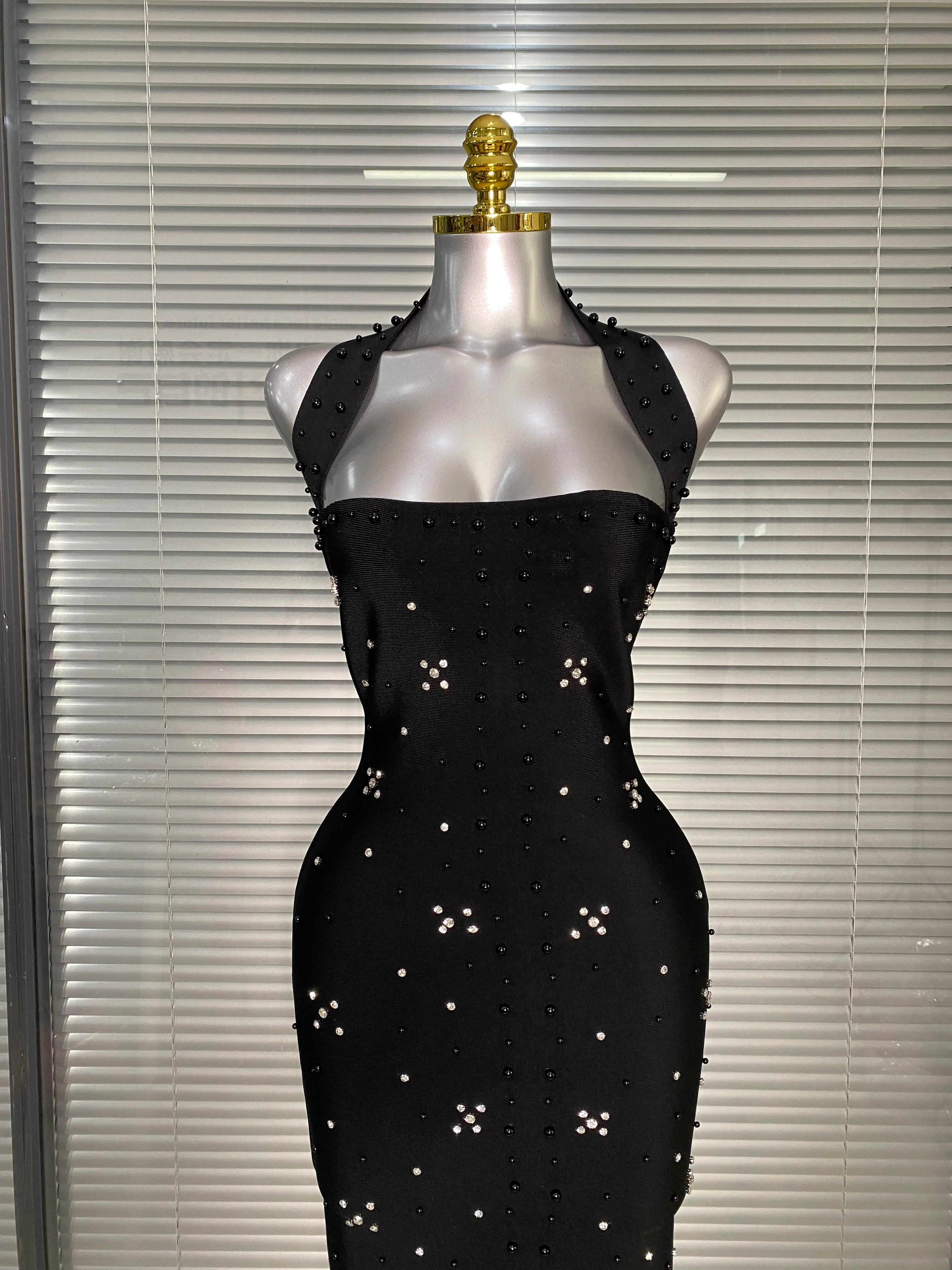 Summer New 2025 Women Black Halter Long Bodycon Bandage Dress Crystal Beaded Backless Evening Party Dress Vestido