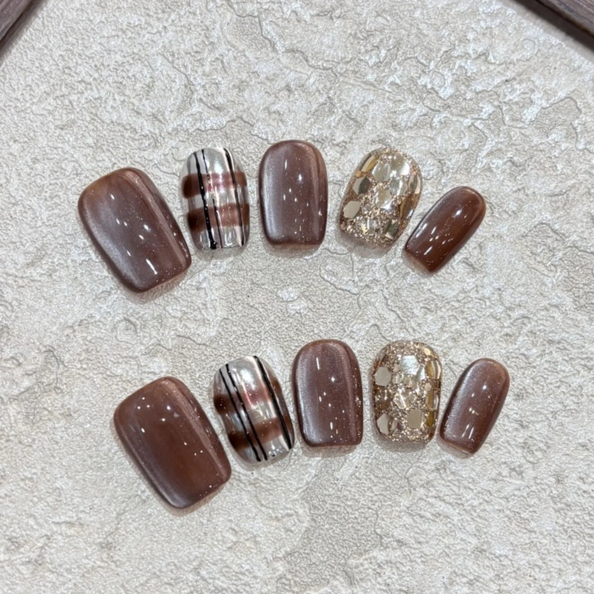 10pcs Brown Handmade Nails Tips Gradient Cat's Eye Design Short Ballet Fake Nail Reusable Glitter False Nail Art Press on Nails