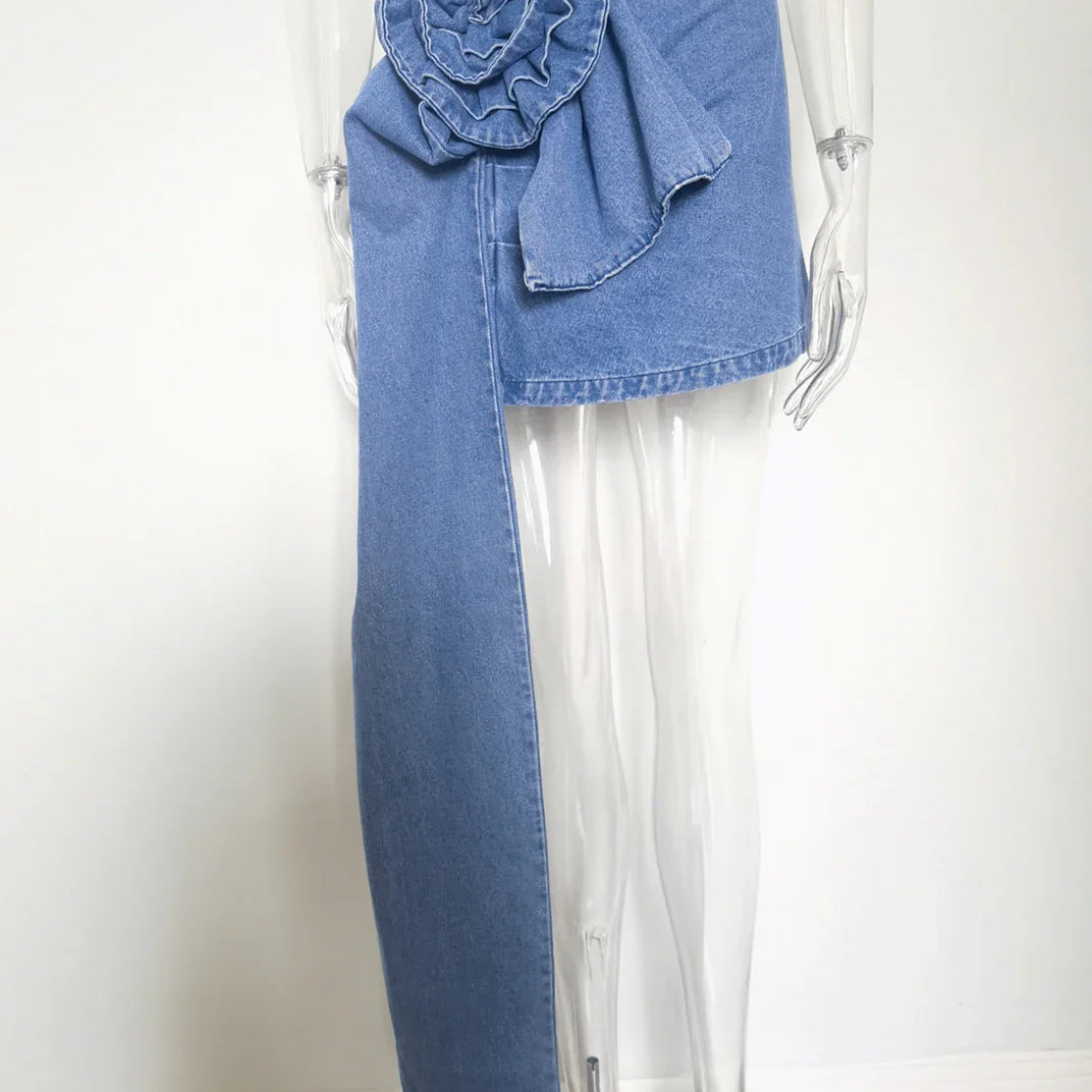 DEAT Fashion Women's Skirt High Waist Three-dimensional Rose Flower Asymmetric Blue Denim Short Skirts Summer New 17A8357 Blue skirt