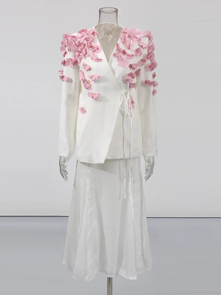 TWOTWINSTYLE Spliced Petal Two Piece Sets for Women V Neck Long Sleeve Patchwork Lace Up Top High Wasit Skirt Elegant Set Female