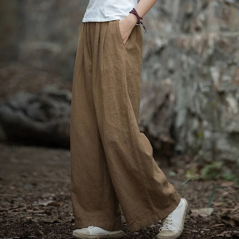 Vintage Casual Cotton Linen Female Pants Spring Summer Korean Style Elastic Waist Solid Women Long Straight Wide Leg Pants dark yellow One Size