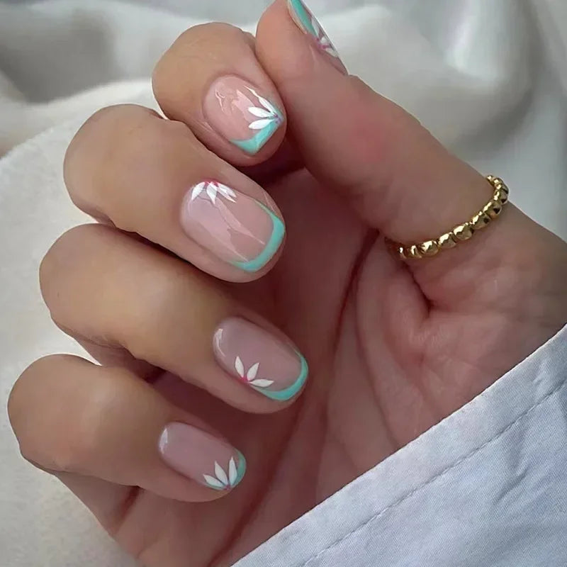 24 peças unhas curtas retrô com design de flores, arte para manicure, unhas postiças rosa, unhas postiças quadradas vestíveis, pontas de unhas com cobertura total