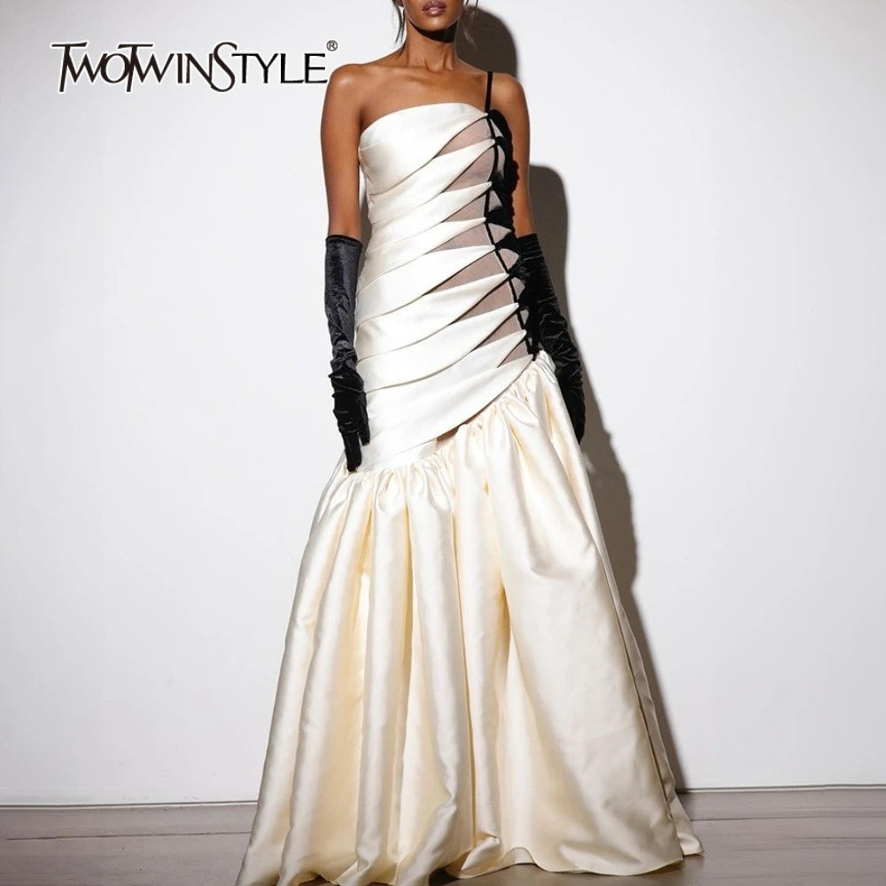 TWOTWINSTYLE Hit Color Sheer Spliced Ruffles Elegant Dresses for Women Strapless Sleeveless Patchwork Folds Dress Female Fashion