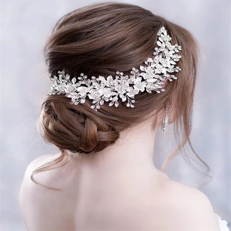 Silver Color Bridal Flower Headband Prom Tiara Wedding Hair Accessories Bride Handmade Hair ornaments Female Crystal Headdress