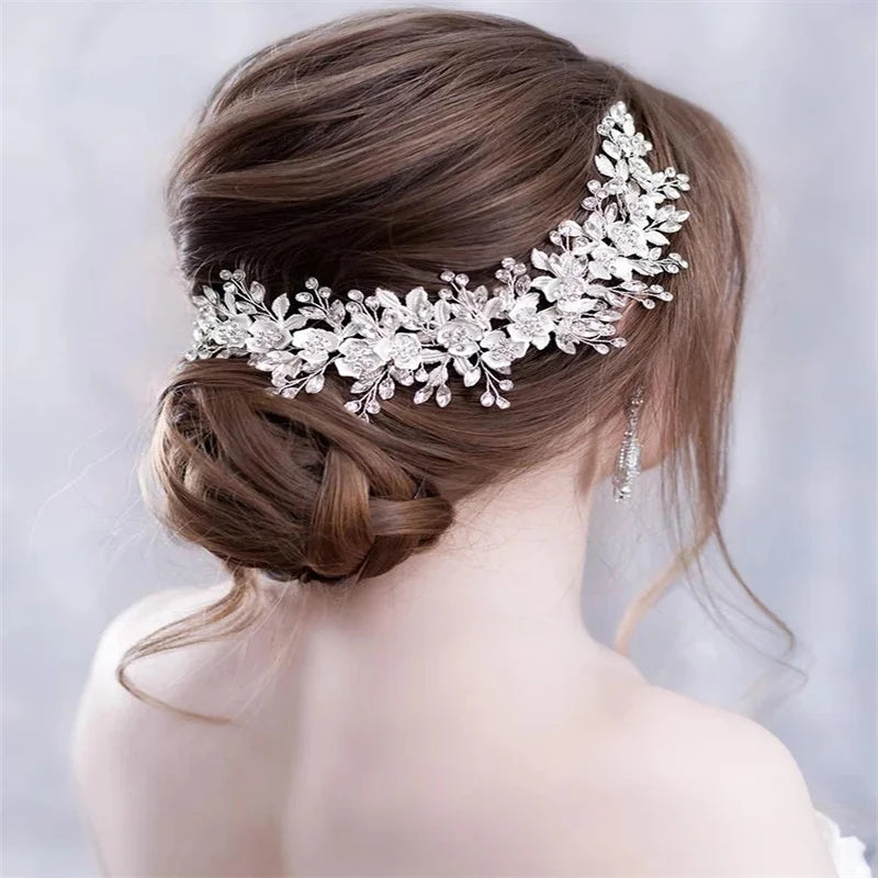Silver Color Bridal Flower Headband Prom Tiara Wedding Hair Accessories Bride Handmade Hair ornaments Female Crystal Headdress