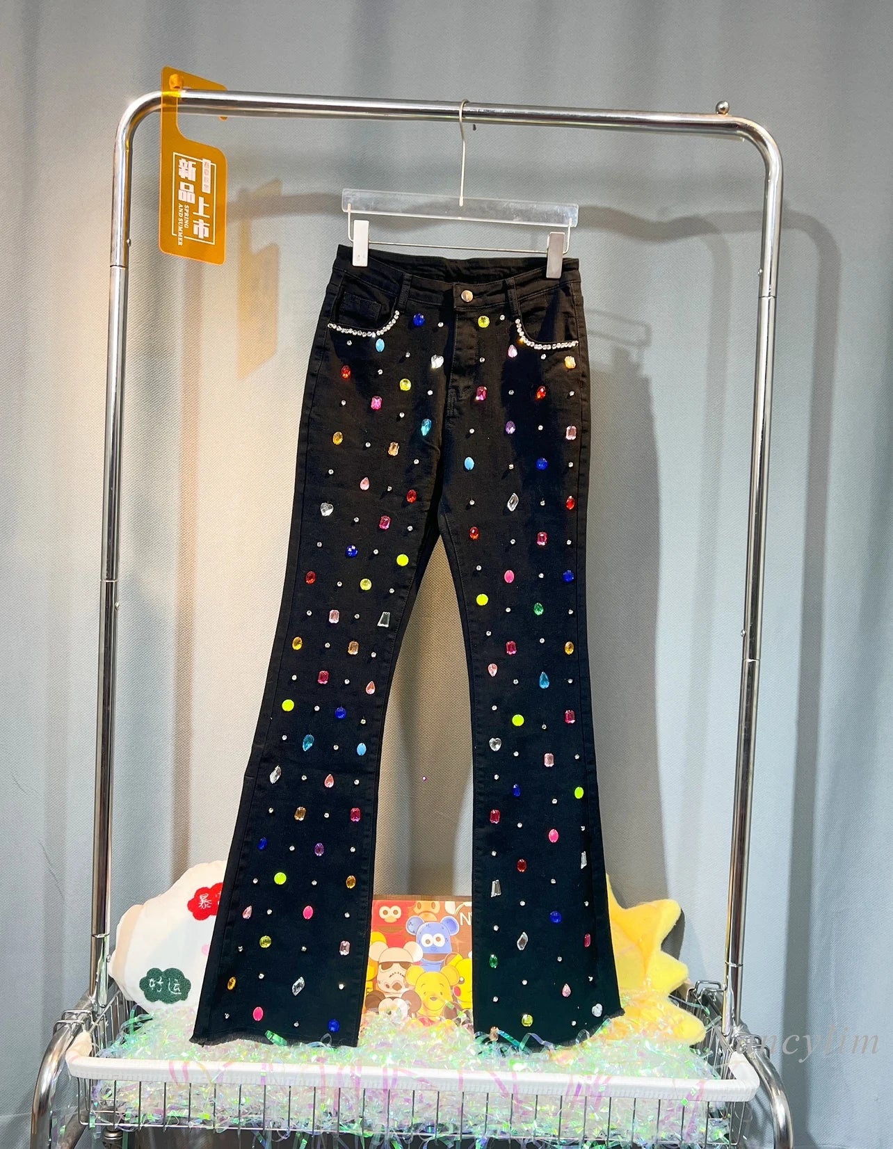 Niche Design Exquisite Rhinestone Beaded Bell-Bottom Denim Pants Women's Autumn and Winter Slimming Skinny Jeans High Waist