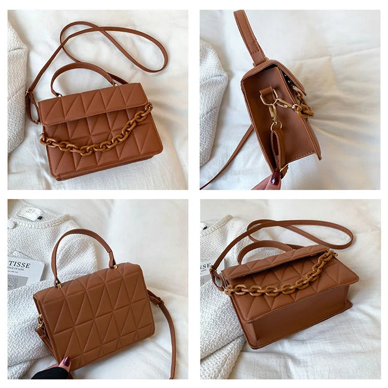 Solid Plaid Crossbody Bags For Women, Chain Decor Fashion Shoulder Bag Ladies Handbag