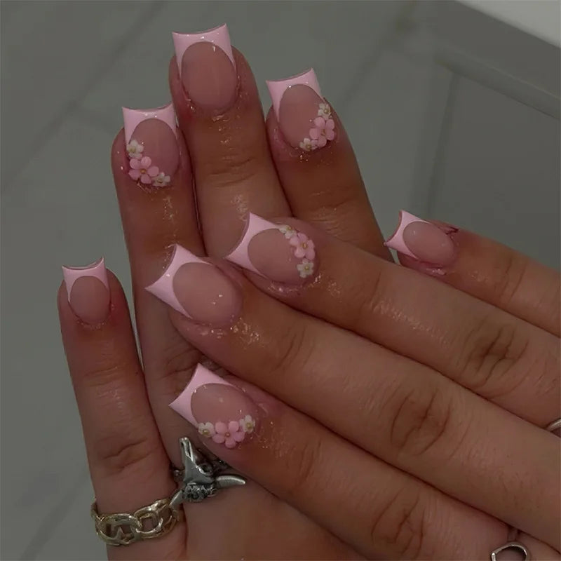 24Pcs Short Square Head French Fake Nails Press on Pink Smudge 3D Flower Design False Nails Art Detachable Full Cover Nails Tips