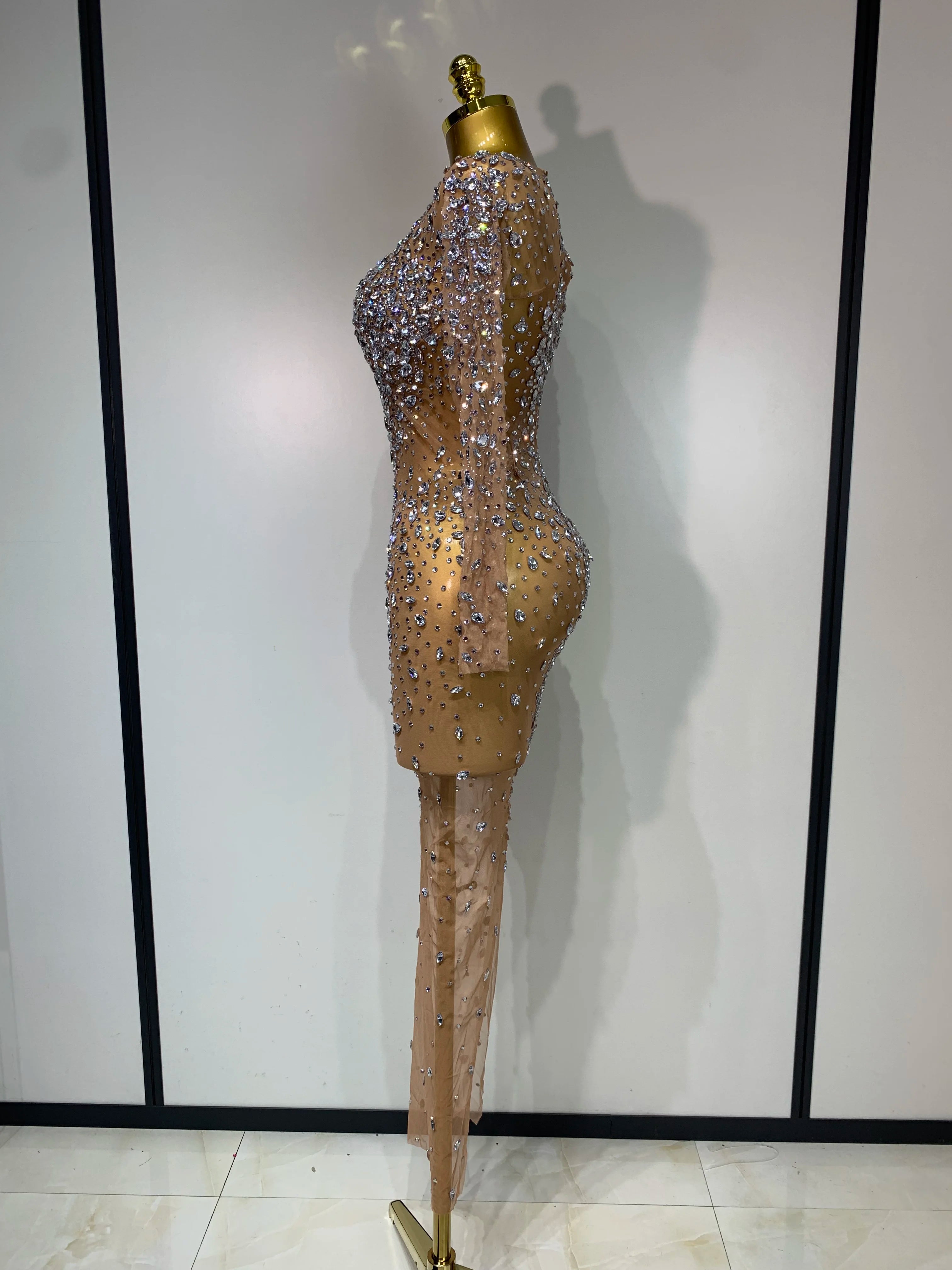 Women Sexy Long Sleeve Bodycon Dress Luxury Birthday Evening Party Glitter Rhinestones Mesh See Through Prom Gown Stage Outfit