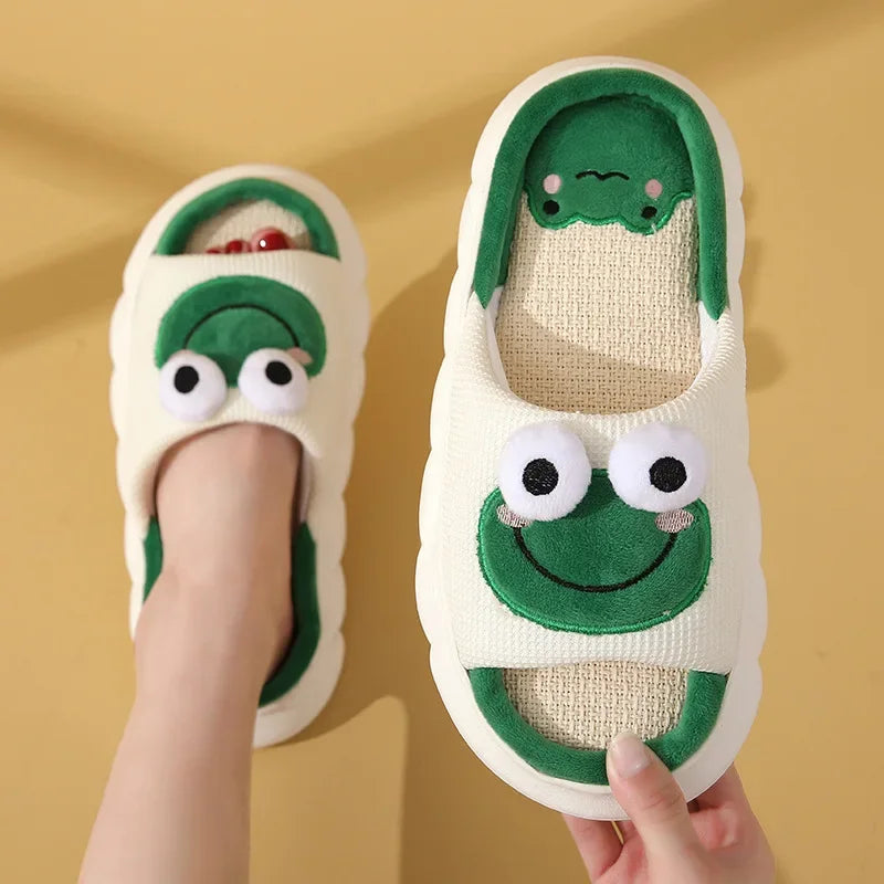 Women Milk Cow Linen Slippers Four Seasons Men Indoor Sandals Adults Cartoon Slides Couples Cute Breathable Home Shoes C