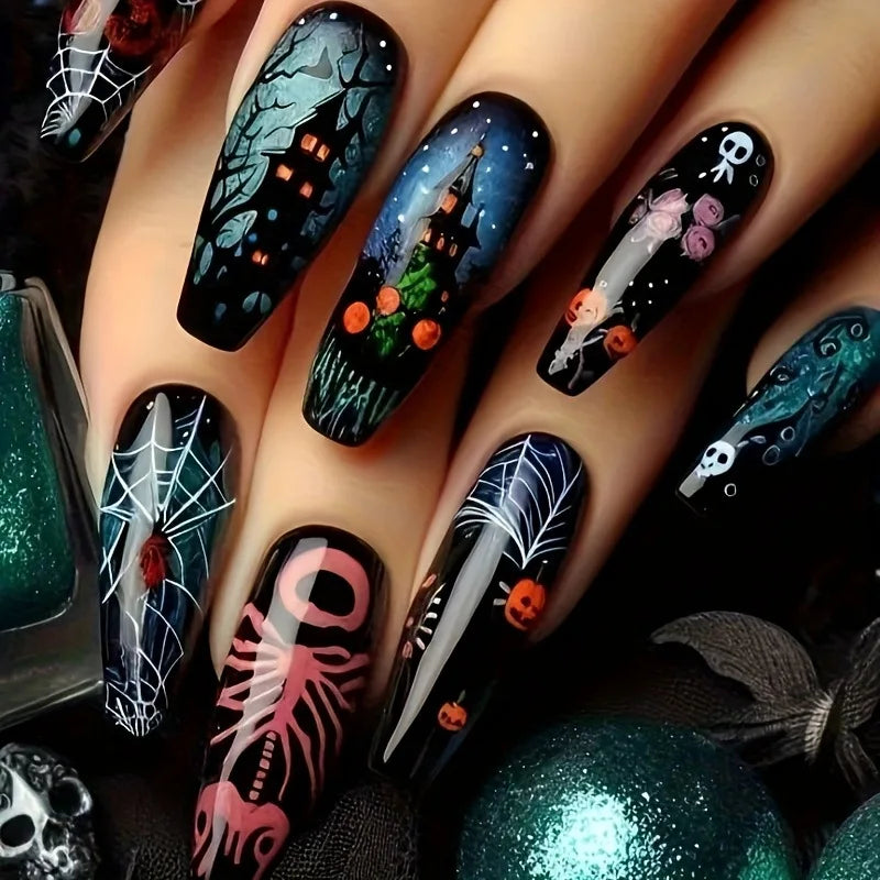 24pcs Long Coffin False Nails Press on Halloween Purple Nails Tip Pumpkin Castle Design Fake Nail Art Wearable Finished Manicure