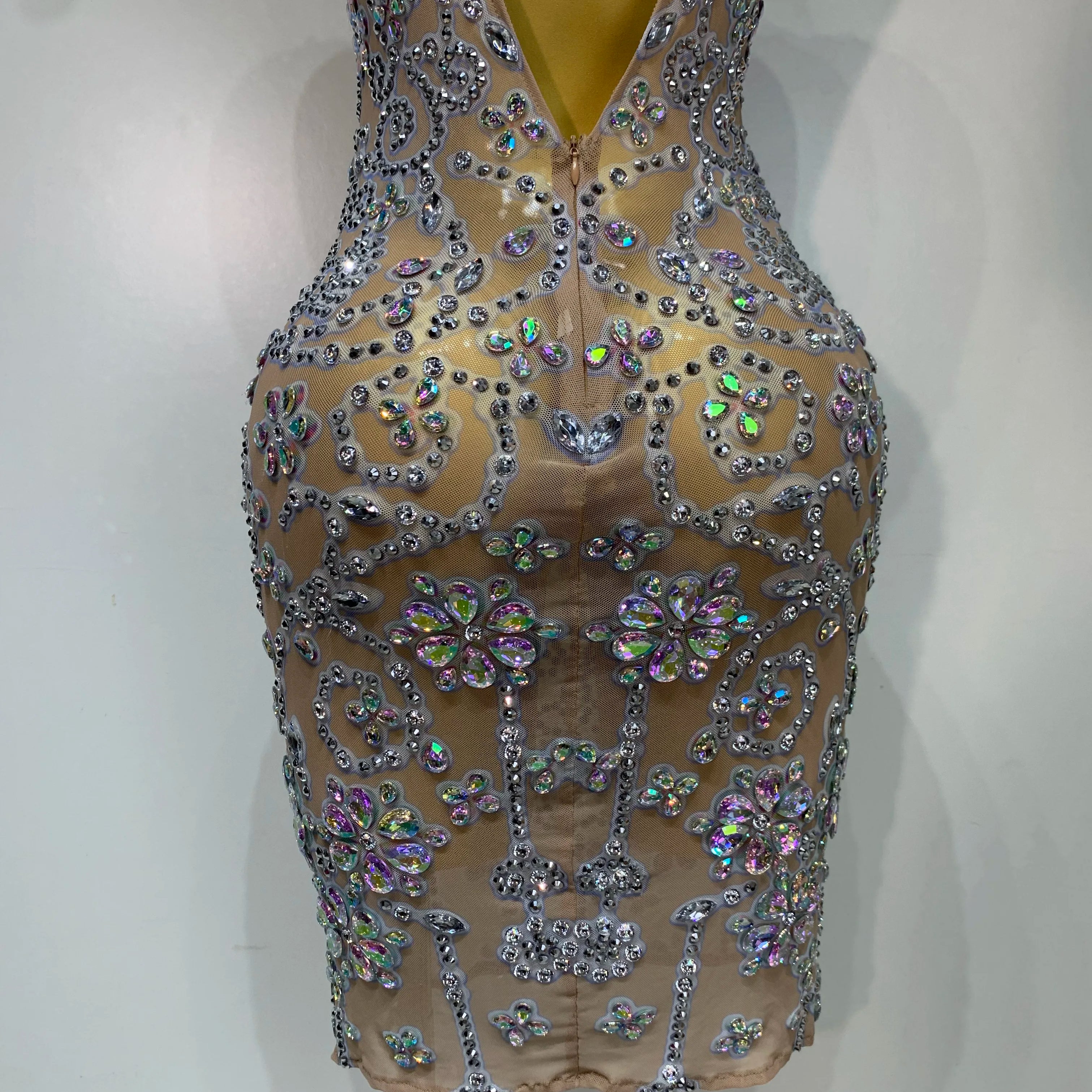 Celebrity Elegant Party Sparkly Rhinestones Transparent Mesh Short Dress Luxury Birthday Nightclub Outfit Perform Stage Costume