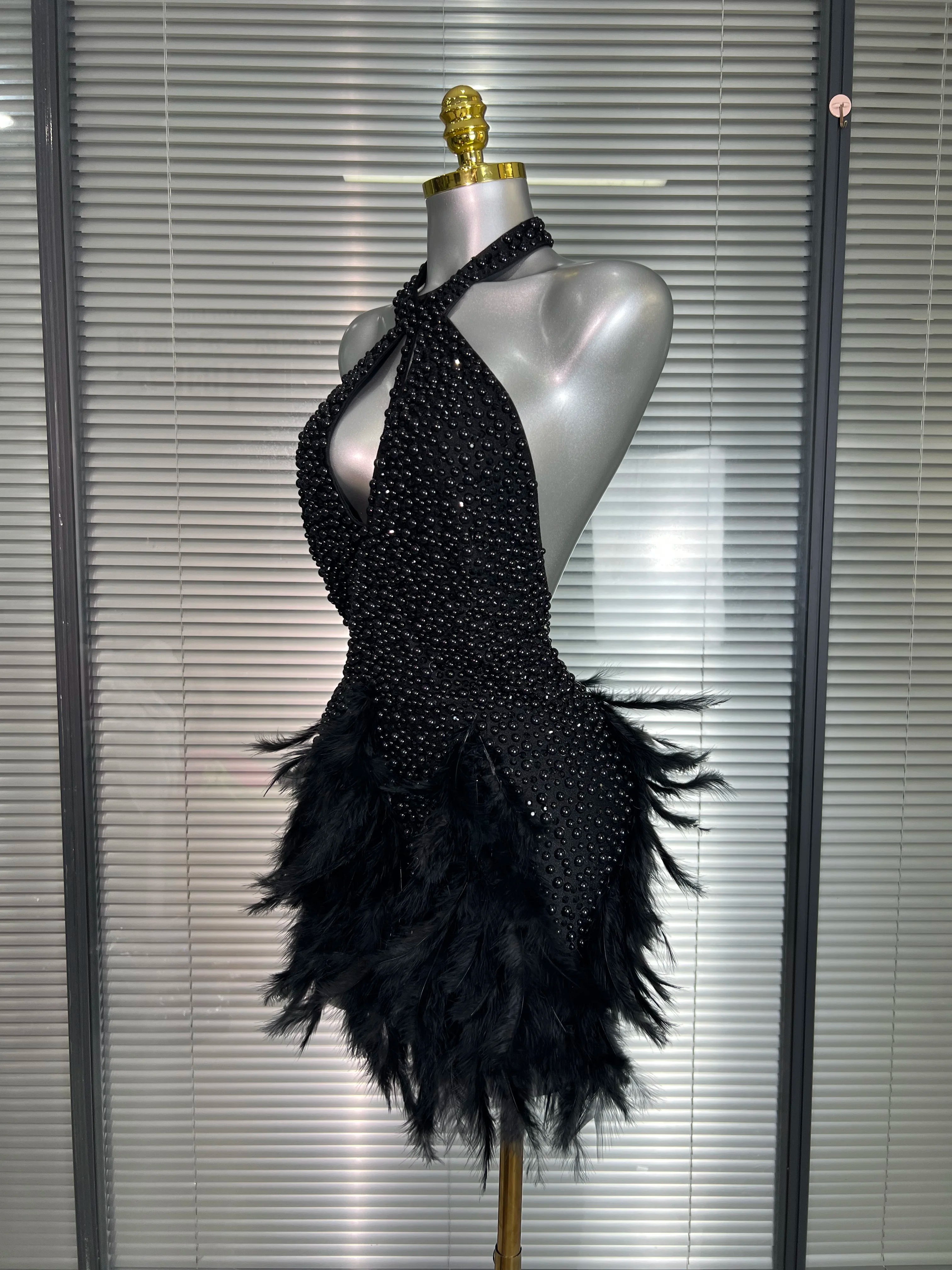 INS New Women Sexy Backless Feathers Performance Costume Stage Dancer Black Mini High Stretchy Night Club Party Dress