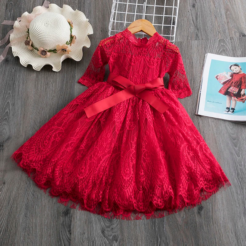 Elegant Flower Girls Dress Wedding Party Princess Dress Casual Kids Clothes Lace Long Sleeves Dress Children's Vestidos For 3-8T 481 Red