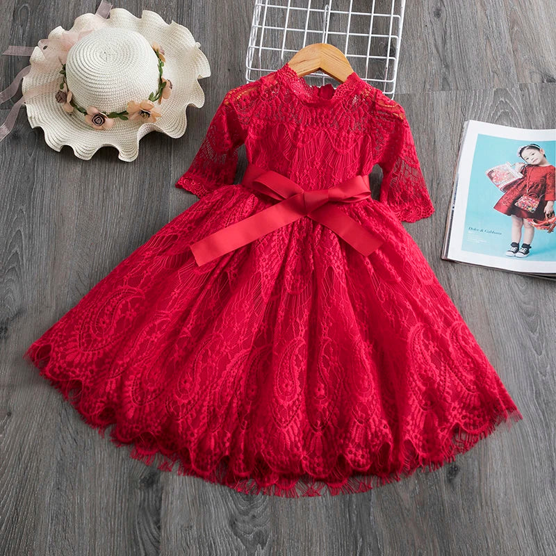 Elegant Flower Girls Dress Wedding Party Princess Dress Casual Kids Clothes Lace Long Sleeves Dress Children's Vestidos For 3-8T 481 Red