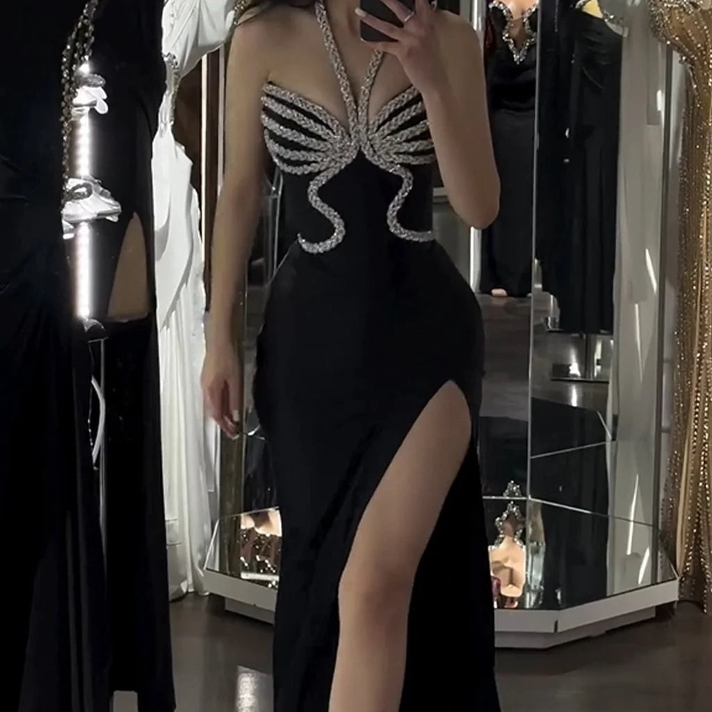 Top Women Sexy Halter Off the Shoulder Shinning Crystal Velvet Bodycon Long Dress High Split Fashion Evening Party Dress