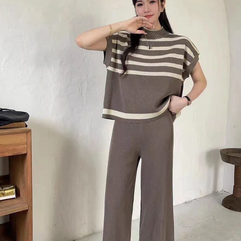 Spring Women Sweater Set Casual Pullovers Suits Winter Knitted Loose Striped Sleeveless Elegance Tops Wide Leg Pants Coffee