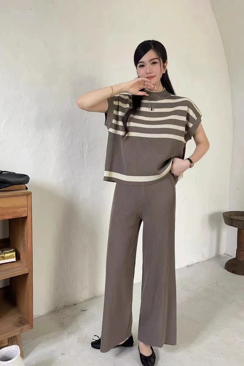 Spring Women Sweater Set Casual Pullovers Suits Winter Knitted Loose Striped Sleeveless Elegance Tops Wide Leg Pants Coffee