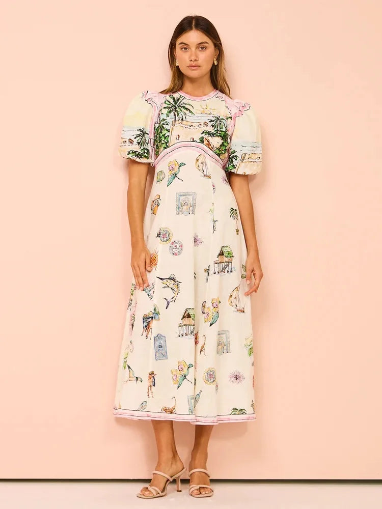 Women Casual Print Empire Waist Long Dress Short Sleeve Comfortable Loose Vintage Robe Party Club Vestidos Spring NEW