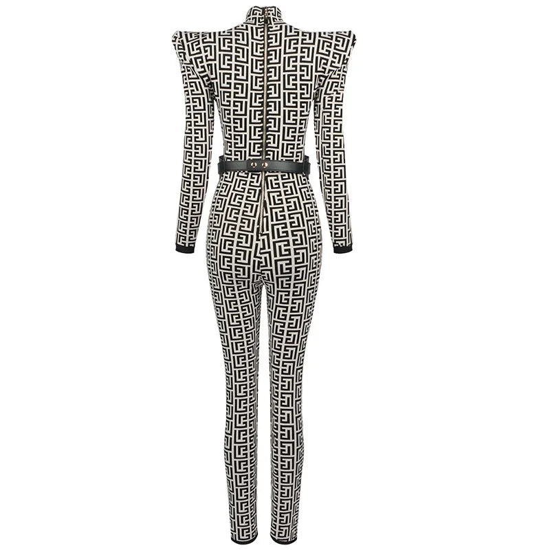 Europe and America Fashion Sexy Round Neck High Neck Long Sleeve One-Piece Trousers Jacquard Black Sexy Cross-Border