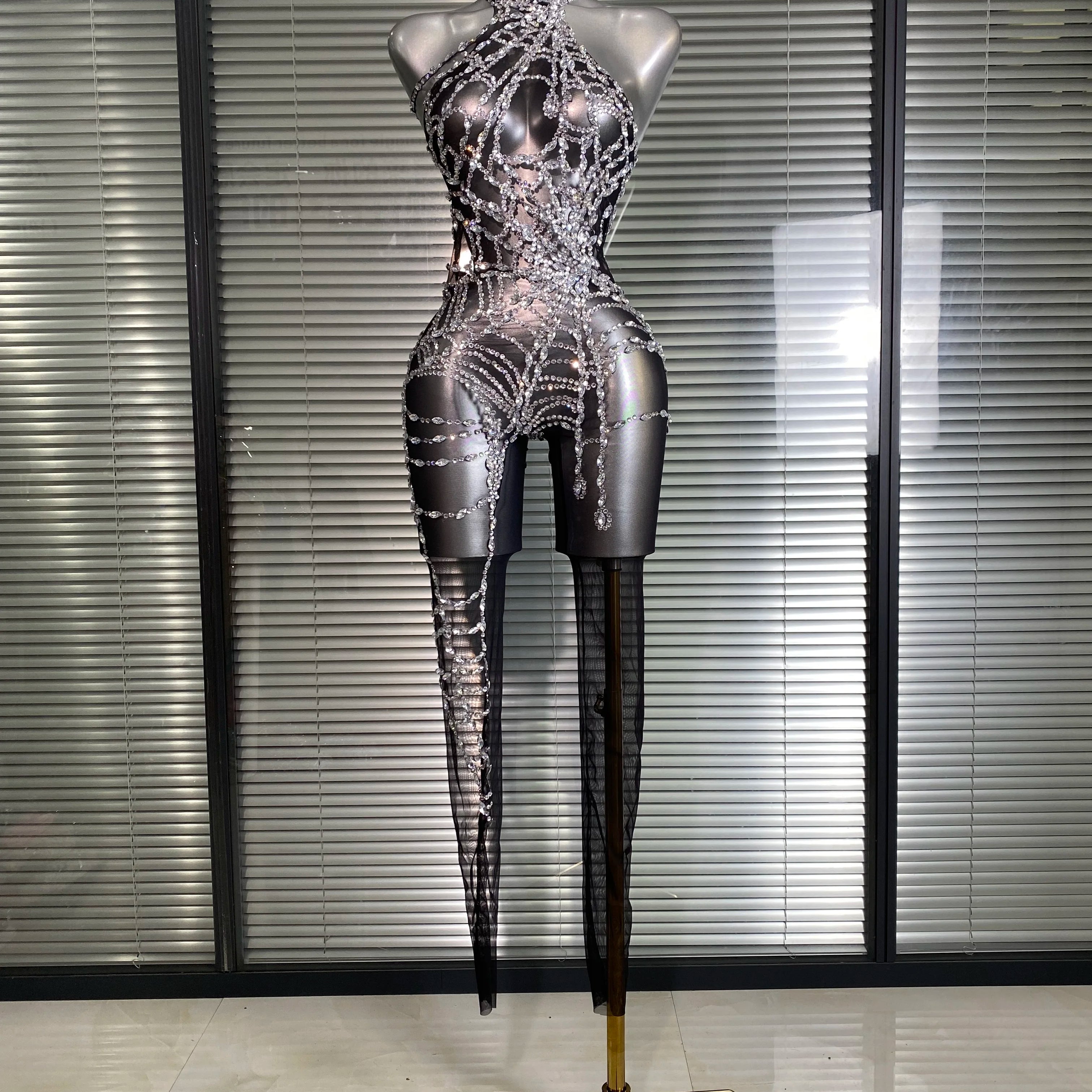 Women Sexy Crystal Jumpsuit Celebrity Designer Spider Web Stretchy Mesh Sheer Black Skin Singer Dancer Stage Night Club Rompers
