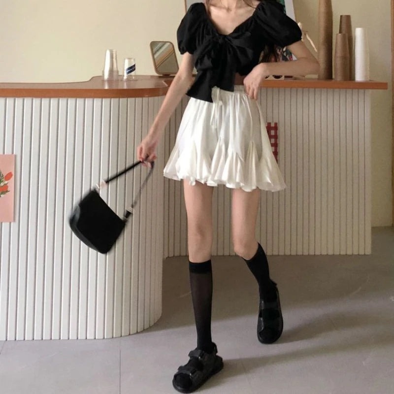 Korean Style Mini Skirt Women Kawaii White High Waist A-line Patchwork Lace-up Ruffles Cute Pleated Skirt Shorts Summer