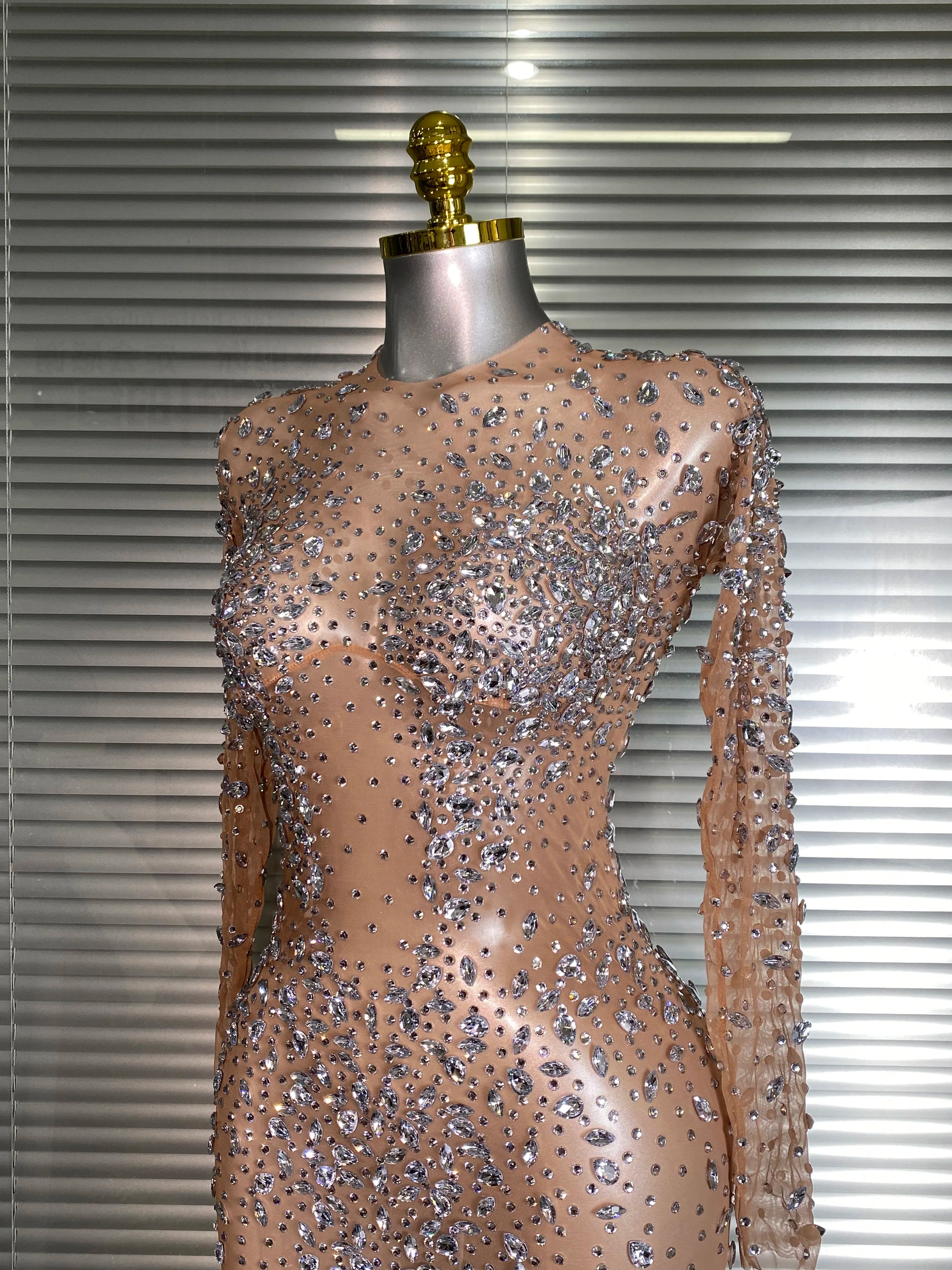 New Women Sexy Long Sleeve Mesh Sequins Maxi Dress See Through Skin Sheer Party Singer Party Costume Stage Performance Dress