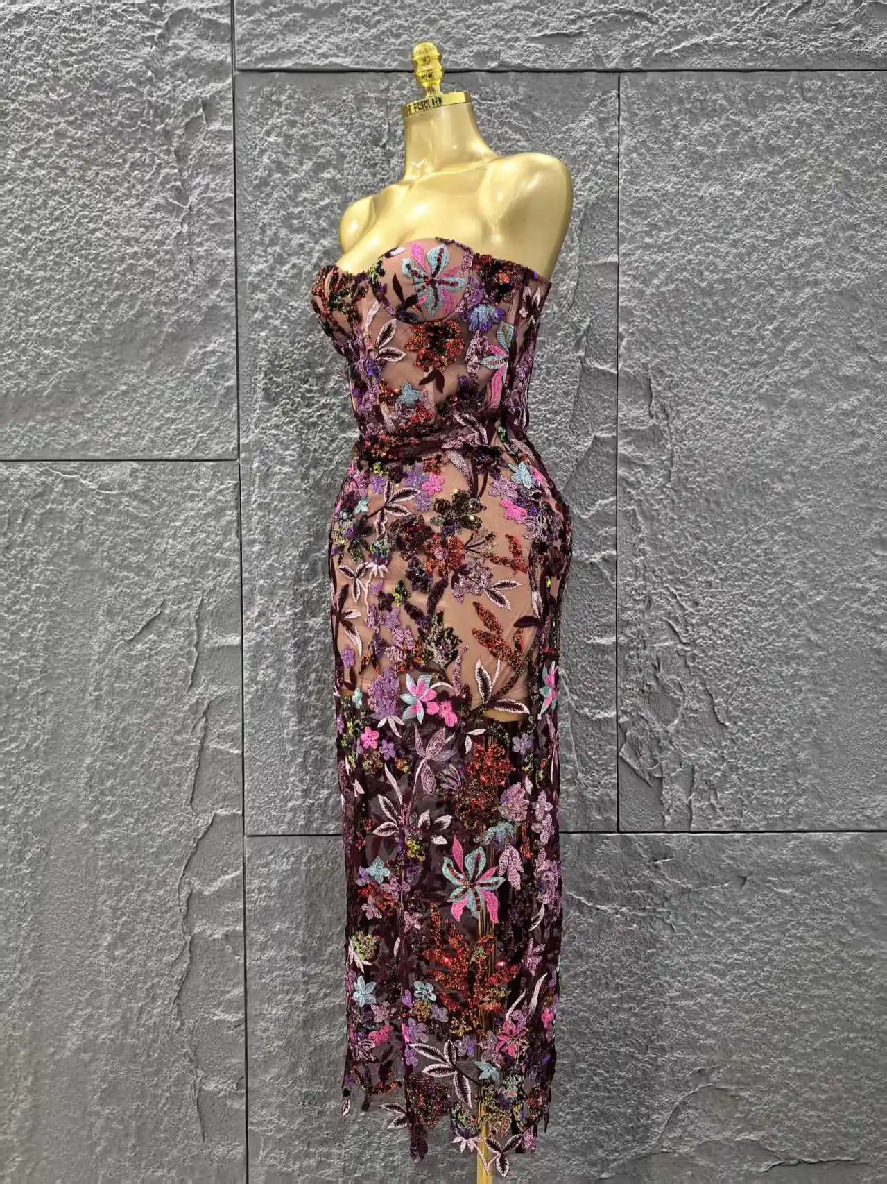 Top Quality Women Sexy Strapless Embroidery Florals Bodycon Long Dress Elegant Evening Party Cocktail Fashion Girls' Outfit