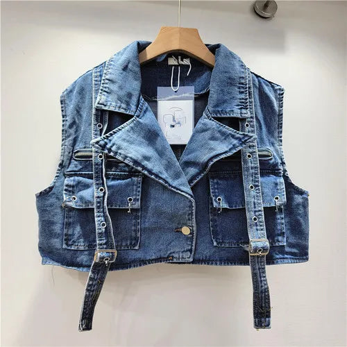 Retro Pink Large Pocket Denim Suit Spring Summer Sleeveless Short Vest High Waist Hip Wrapped Skirt 2 Pieces Sets Women Outfits Blue Vest