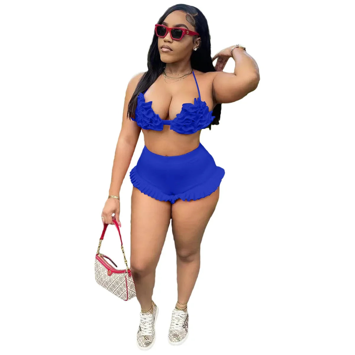 CM.YAYA Women's Set Ruffles Crop Top Bra and Shorts Bikini Set Streetwear Casual Two 2 Piece Outfits Summer 2024 Beach Holiday
