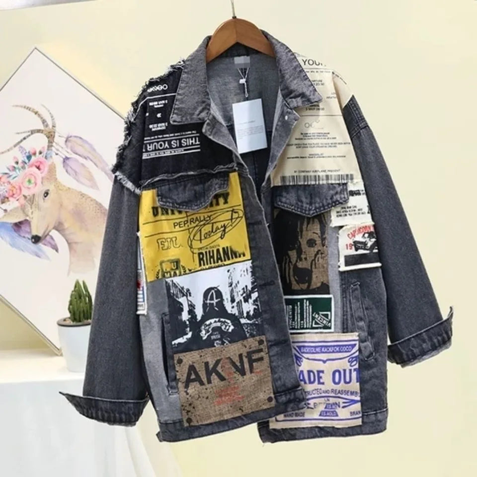 Vintage Full Sleeve Appliques Newspaper Pattern Large Size Black Denim Jacket Leisure Trend Coat Autumn New Jeans Jacket DF4950