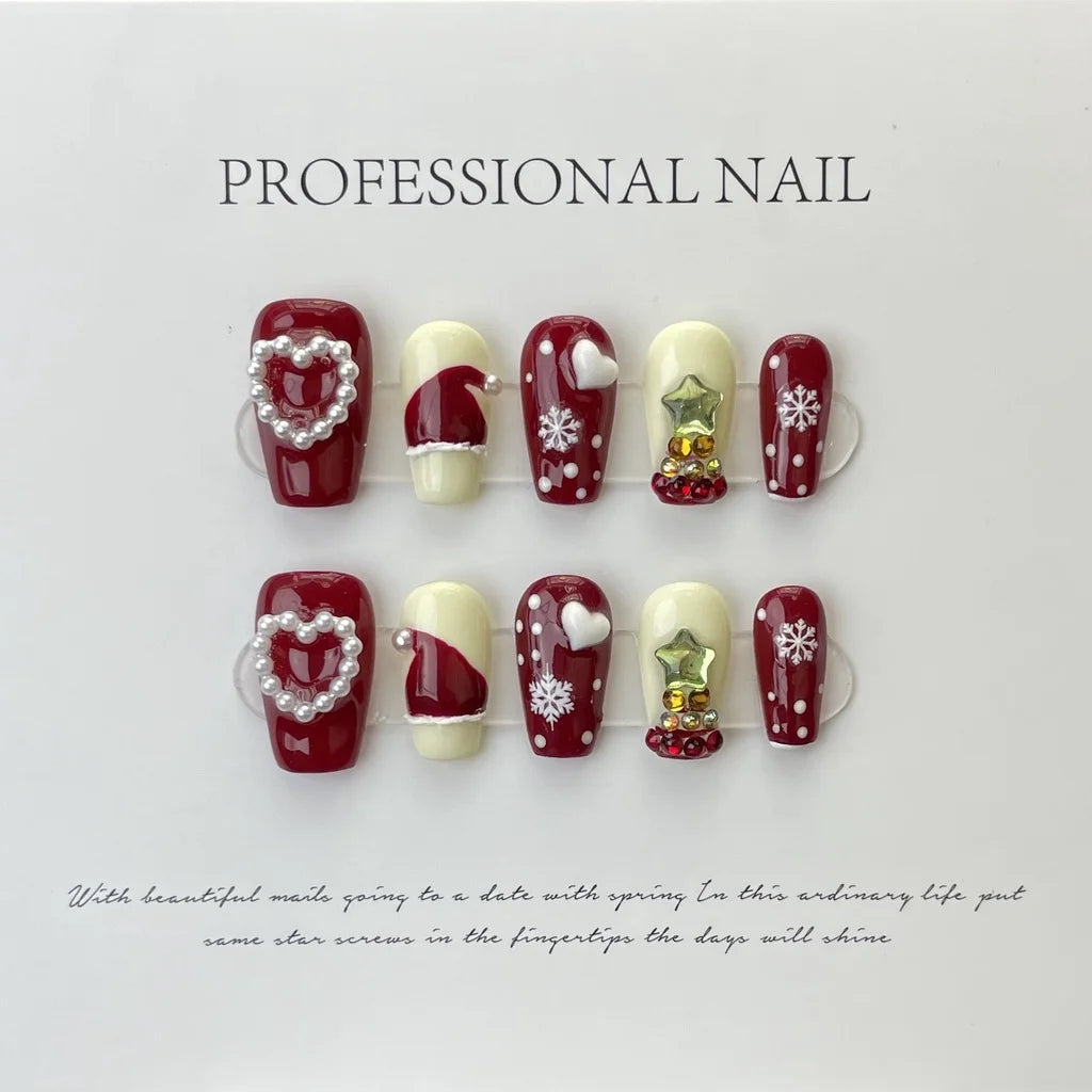 Pure Handmade Fairy Christmas Manicure Christmas Atmosphere Snowflakes Stars Artificial Nail Fake Nails for Women