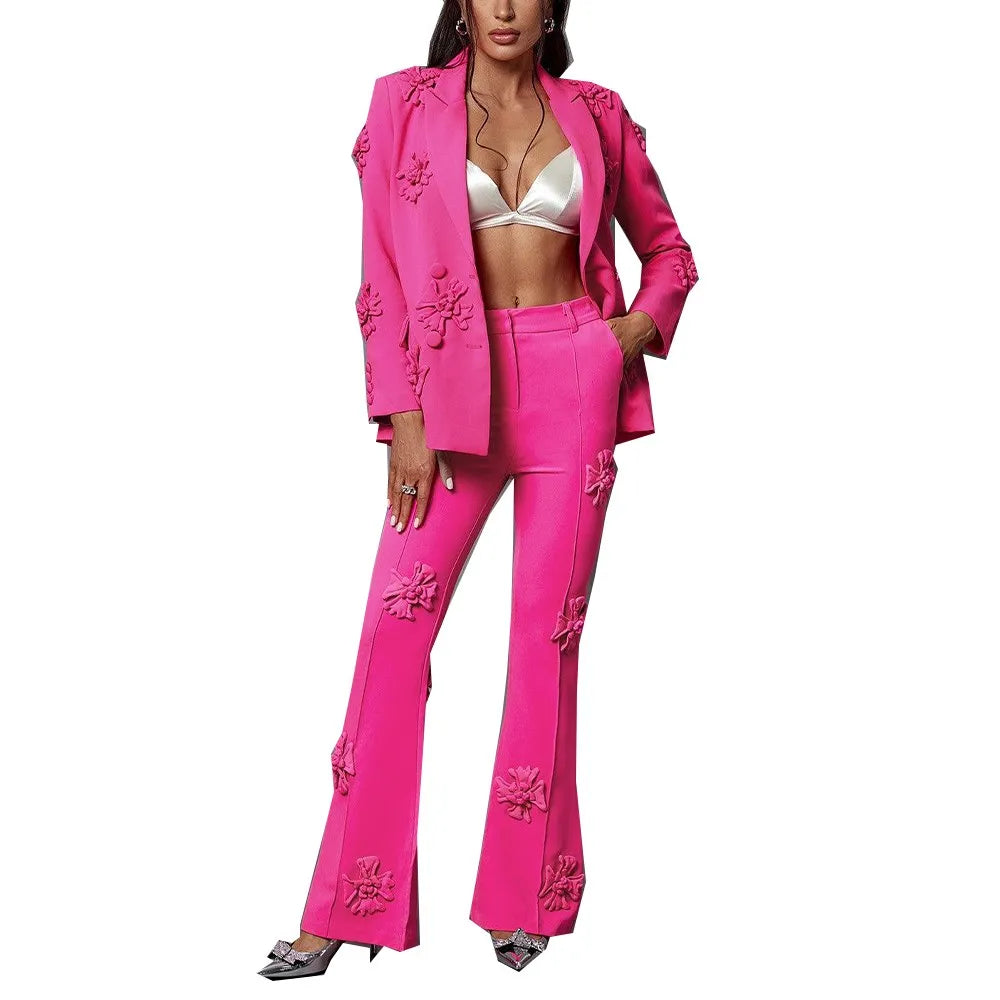 TWOTWINSTYLE Solid Patchwork Appliques Two Piece Sets For Women Lapel Long Sleeve Coat High Waist Pant Chic Set Female Clothing ROSESET