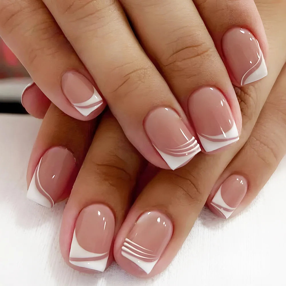 24 peças unhas postiças curtas redondas azul-francês brilhante pérola branco ondulado amor coração cobertura total destacável pontas de pressão