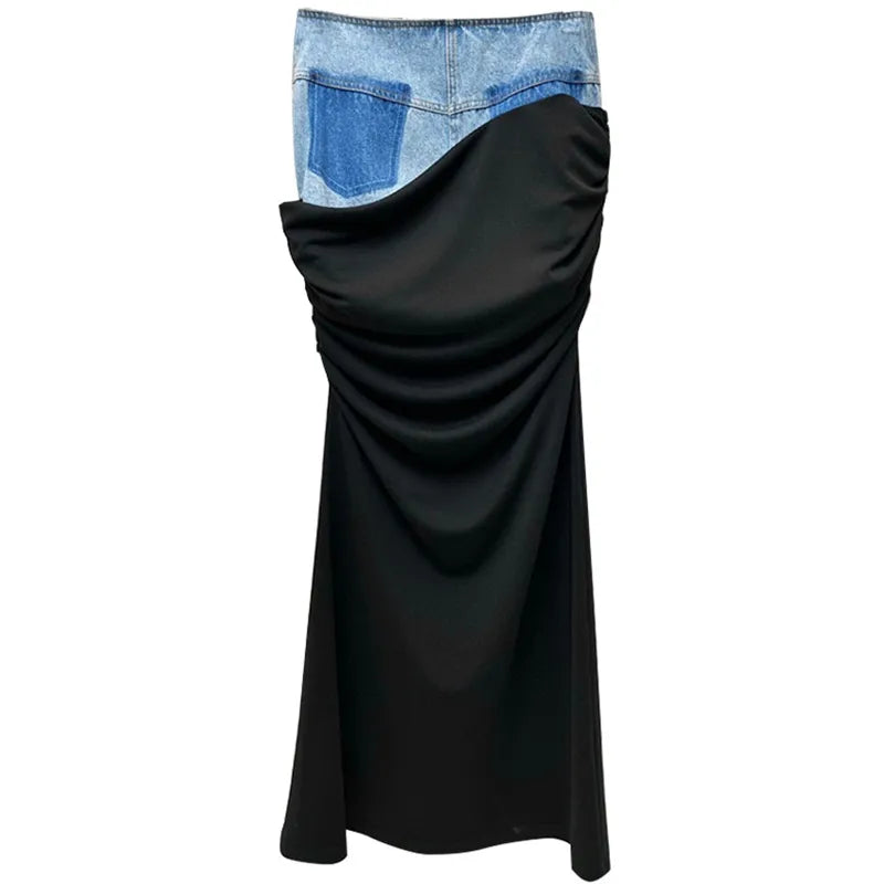 Women Designer Bodycon Maxi Skirt Colorblock Spliced High Waist Stretch Ruched Casual Long Pencil Skirt