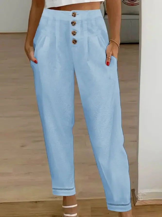 Women's Casual White Pants High Waist Button Slim Solid Pockets Pencil Pants Female Soft Breathable Women Trousers Joggers Sky Blue