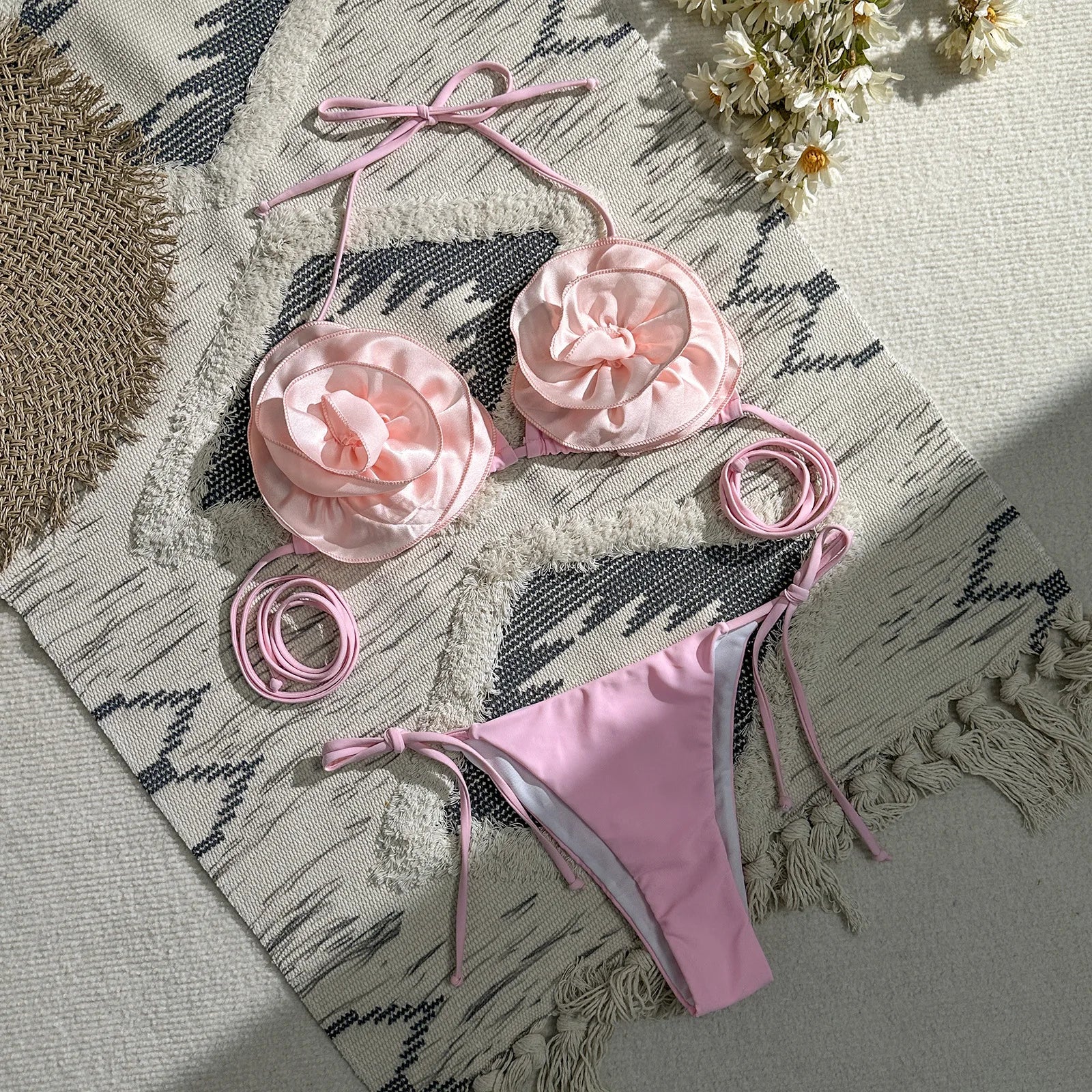 sexy 3D flower micro mini bikinis sets triangle two pieces padded thong swimwear female bathing suit biquini Pink