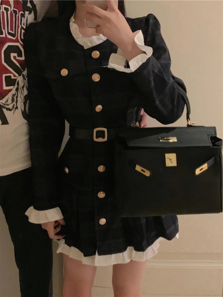 French Vintage Autumn Women Korean Fashion Elegant Party Mini Dress Female Long Sleeve Sweet One-piece Dress