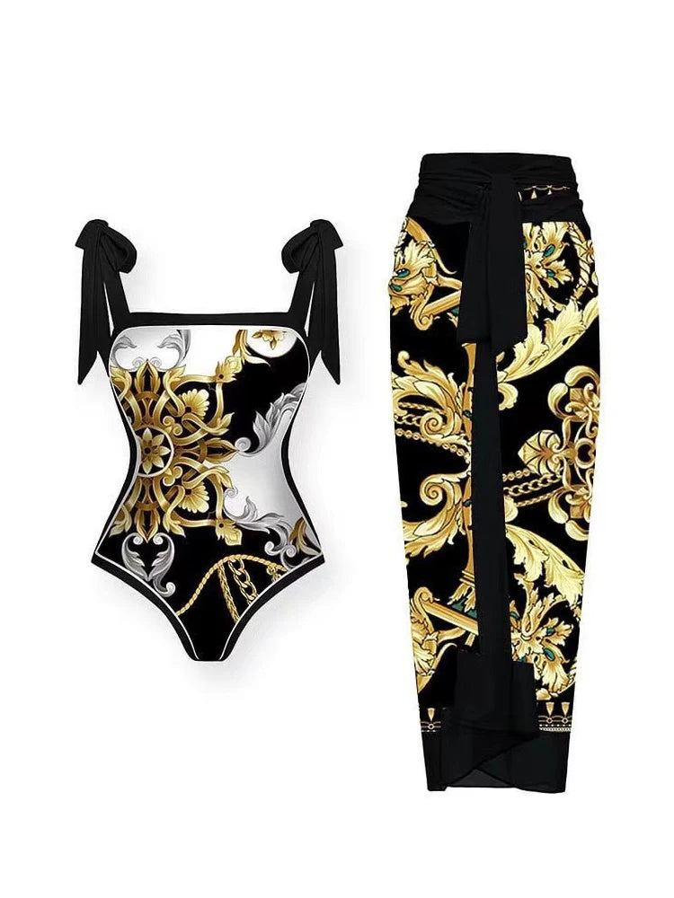 2024 New Fashion Double Sided Printed Lace Up One Piece Swimsuit Women 2023 Sexy High Waisted Lace Up Bikini Swimsuit Cover Up Gold 1 CHINA