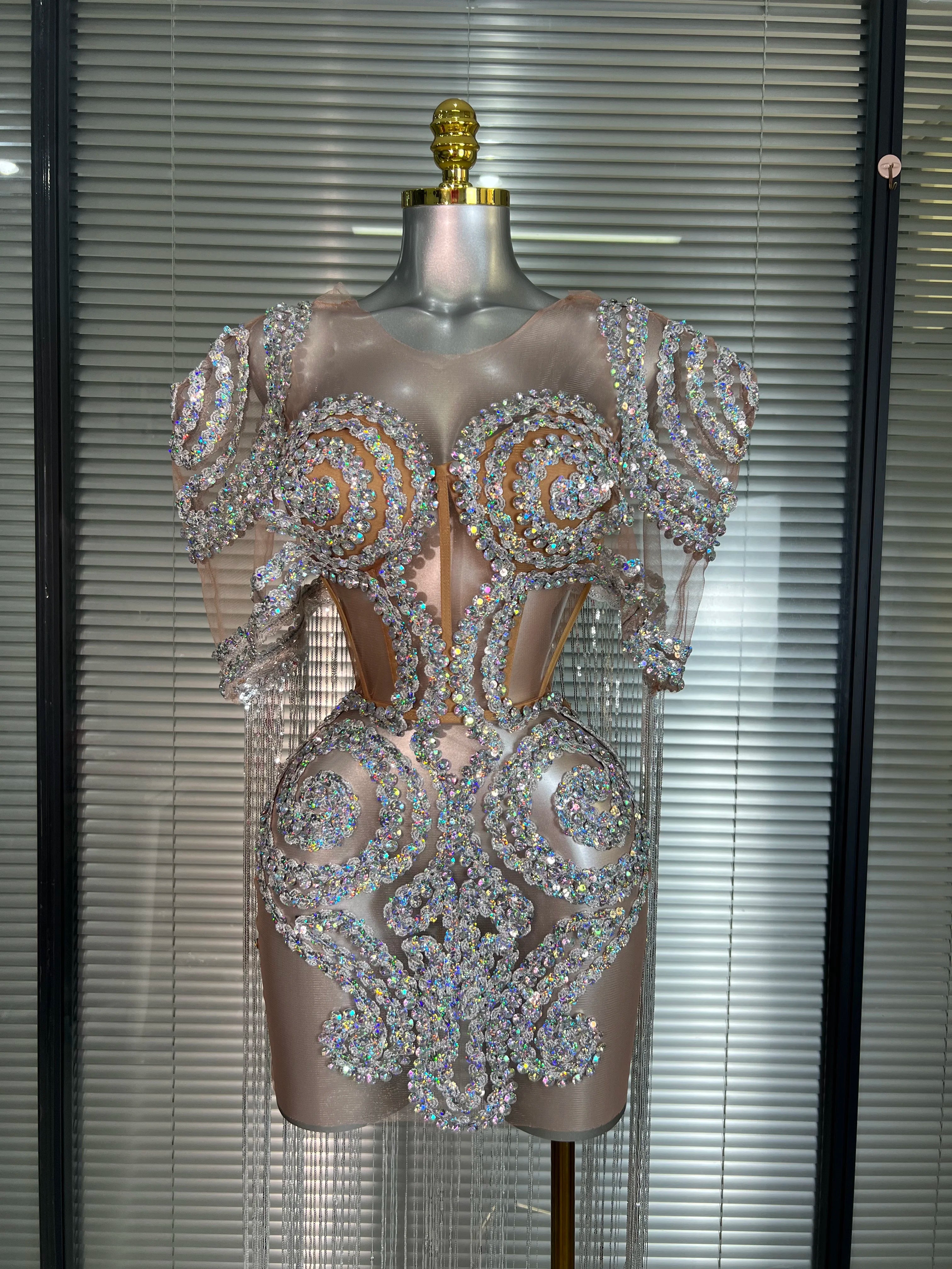 Women Sexy Colorful Sequins Tassel Silver Mini Dress Sparkly Performance Costume Stage Dancer Night Club Party Dress