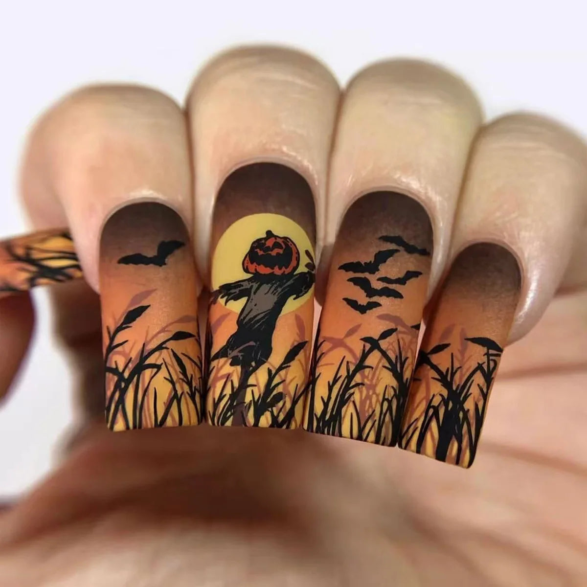 24Pcs Mid-length Square Nails Set Press on Pumpkin Bat Design False Nails Halloween Spider Web Wearable Full Cover Fake Nail Tip