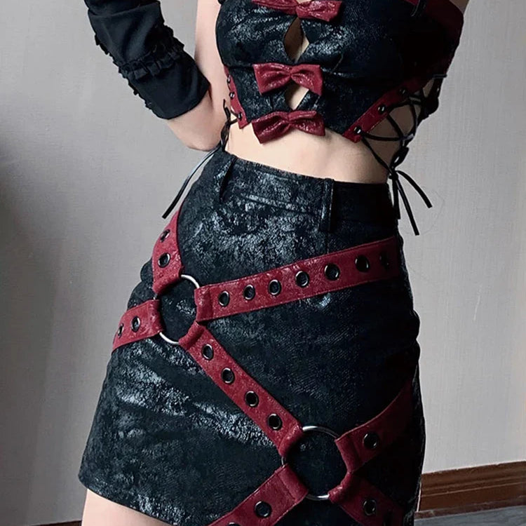 Spring Summer Cool Red and Black Patchwork Pu Leather Mini Skirt Women High Waist Short Luxury Designer Y2K Clothes 2023 Red-black