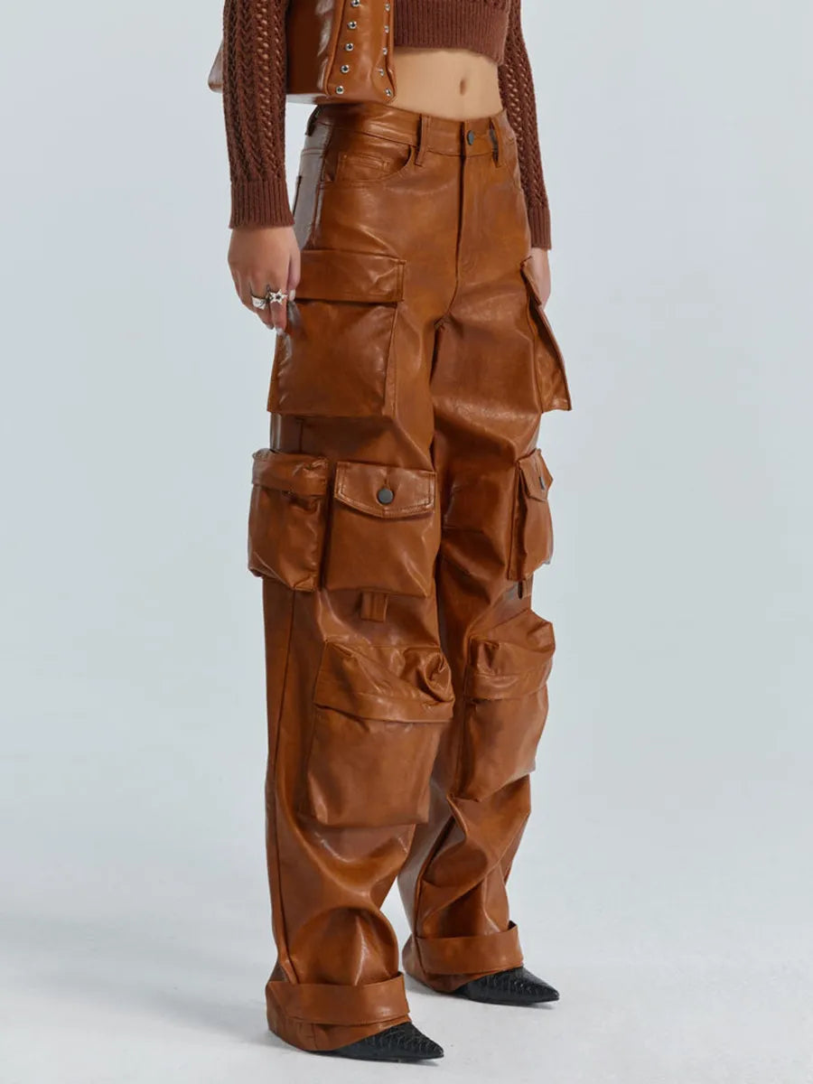 GetSpring Women Leather Pants Capris 2023 Autumn Multi Pockets High Waist Trousers Loose Casual All Match Long PU Cargo Pants